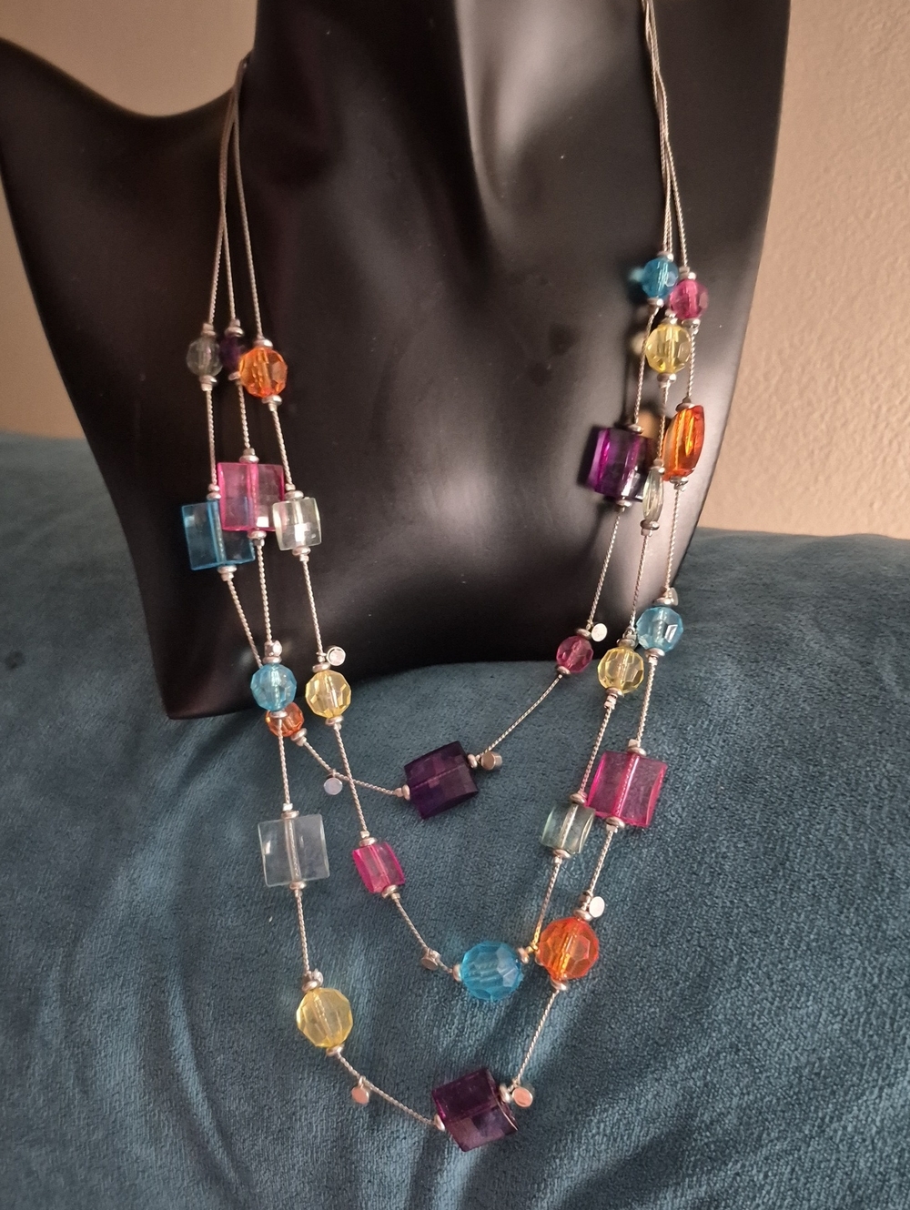 Multi-Color Shaped Beaded CZ Layered Multi-chain Silver Necklace